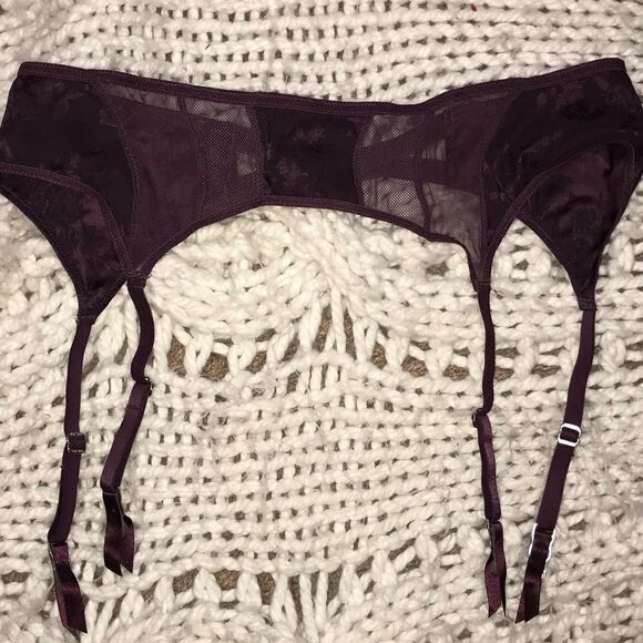 Pink or Eggplant Colored Lace & Floral Garter Belt - Picture 6 of 7